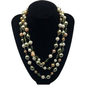 Beaded Multi Strand Necklace Hook Closure Faux Pearl Silver Tone Green White